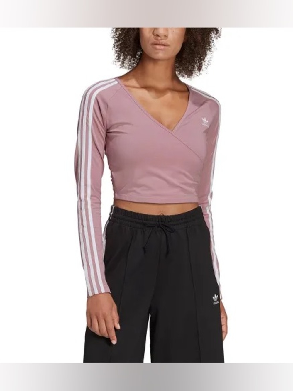 adidas Pink Wrap-Front Long Sleeve Crop Top with White Stripes